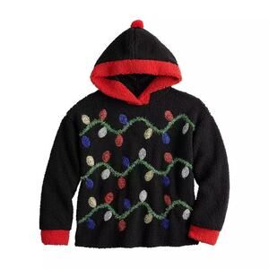 Celebrate Together Christmas Lights Knit Hooded Pullover Black Womens Medium